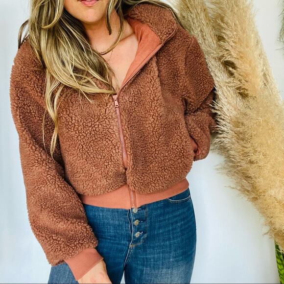 FABLETICS Rust Brown Toffee Summit Sherpa Jacket Zip Up Hoodie Sweatshirt XL Alo - Picture 1 of 9
